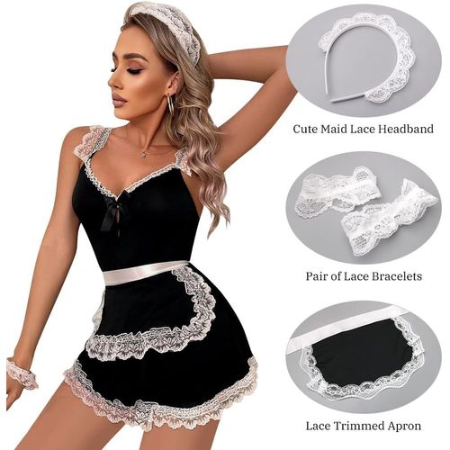 Kalanka-Femme Ensemble De Lingerie Maid Costumes De Soubrette Uniforme, Tenue Sexy Femme De Chambre Cosplay De Ménage Coquine V Profond Servante Sous-Vêtement Dos Nu Tenue Babydoll
