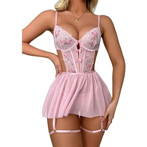 Kalanka-Lingerie Sexy Femme Coquine Hot Bustier Brodé Nuisette Ensemble Tenue Érotique Dentelle Combinaison Bodystocking Bretelles Ajustables Sous Vêtements