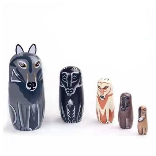 5 pcs/ensemble Nouveau Mignon En Bois Animal Loup Peinture de Nidification Poupées Poupée Russe Matriochka Cadeau Peinture à La Main de Jouet décoration enfants cadeaux