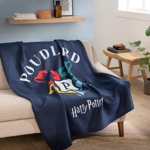 Plaid Polaire Imprimé 100% Polyester, Harry Potter Blason Bleu Marine