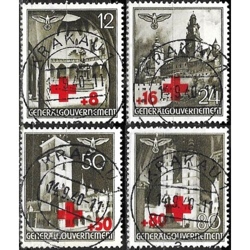 Pologne, Occupation Allemande 1940, Belle Série Complète Oblitérée Au Profit De La Croix Rouge, Timbres Yvert 68 Institut Copernic 69 Château 70 Hôtel De Ville 71 Église Sainte Marie.
