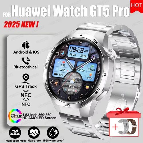 2025 pour HUAWEI GT5 Pro GPS piste montre intelligente hommes 360*360 AMOLED écran NFC BT appel étanche moniteur de santé homme montres intelligentes,Acier Argenté 2A