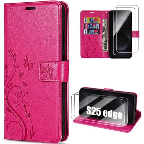 Coque + 2 Verres Trempés Pour Samsung Galaxy S25 Edge, Protection Rabat Synthécuir Motif Papillon Fleur Fuchsia - Efconnection