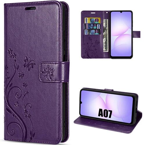 Coque Pour Samsung Galaxy A07, Antichoc Cuir Synthétique Violet Foncé Motif Papillon Plante Avec Porte-Cartes - Efconnection