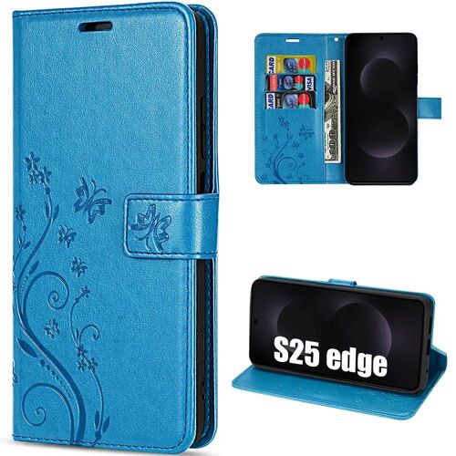 Coque Pour Samsung Galaxy S25 Edge, Protection Antichoc Anti-Rayures Cuir Pu Bleu Motif Fleur Papillon - Efconnection