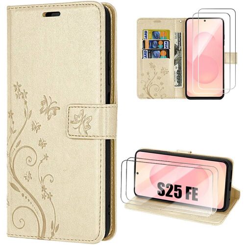 Coque + 2 Verres Trempés Pour Samsung Galaxy S25 Fe, Cuir Synthétique Anti-Rayures Motif Plante Papillon Doré - Efconnection