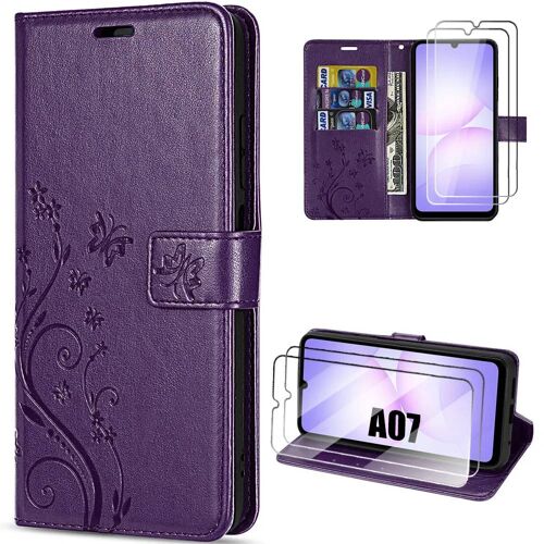 Coque + 2 Verres Trempés pour Samsung Galaxy A07, Protection Antichoc Synthécuir Motif Papillon Violet Foncé - EFConnection