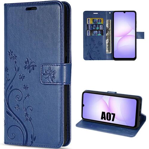 Coque Pour Samsung Galaxy A07, Protection Anti-Rayures Cuir Synthétique Bleu Marine Motif Plante - Efconnection
