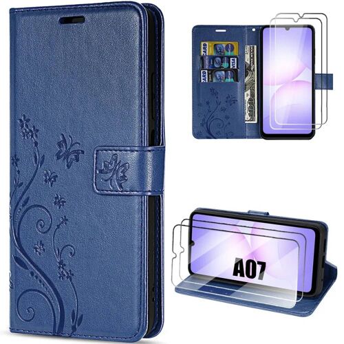 Coque + 2 Verres Trempés pour Samsung Galaxy A07, Protection Cuir Synthétique Relief Papillon Bleu Marine - EFConnection
