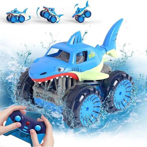 Voiture télécommandée RC - Requin - Amphibie 4x4 - LED - USB-C rechargeable