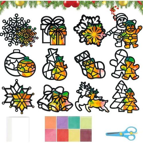 Kit De Décorations De Noël Diy Pour Fenêtres 12 Pièces Images Papiers Colorés