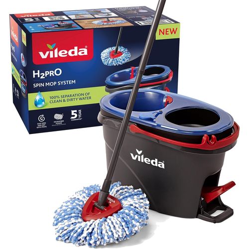 Système de nettoyage des sols Vileda H2PrO Spin Mop avec essorage | Séparation de l'eau propre et de l'eau sale | Système à deux réservoirs | Essorage sans effort grâce à la pédale