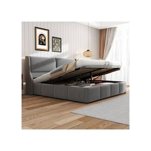 Lit Rembourré,Forme Oreille,Tête De Lit,Lit Double,Lit Fonctionnel Hydraulique,180 X 200,Gris