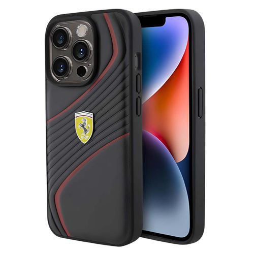 Coque en Cuir pour iPhone 15 Pro avec Logo Twist Métal Ferrari Noir / Rouge