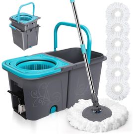 Serpillere Microfibre, Balai Serpillère Et Seau Serpillere 2 En 1, Seau Essoreur Avec 5 Tampons En Microfibre Lavables Et Poignée Réglable En Acier Inoxydable, Mop Utilisation Humide Et Sèche, Blanc