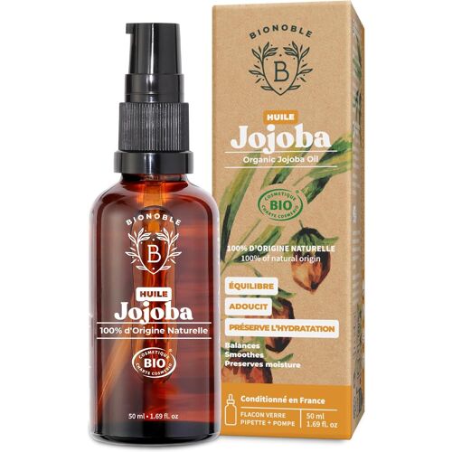 Kalanka-Bionoble Huile De Jojoba Bio 50ml + Pipette Et Pompe - Bouteille En Verre - Pure, Naturelle, Pressée À Froid - Visage, Corps, Cheveux, Barbe, Ongles - Vegan Jojoba Oil 