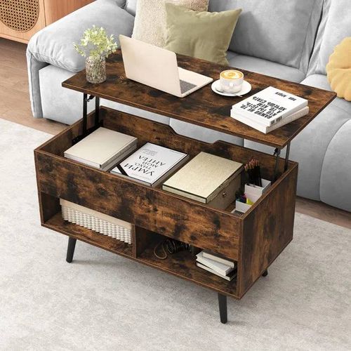 Table Basse Salon Avec Plateau Relevable Costway, Pieds En Bois De Pin, Table De Salon Avec 2 Compartiments Rangement Caché, Marron
