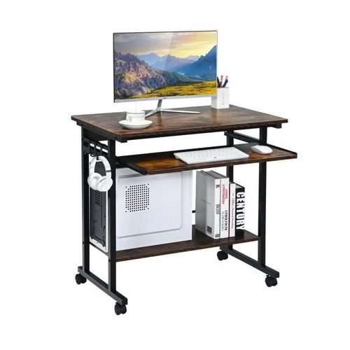 Costway Bureau Gamer/Table Informatique À Roulettes - 3 Tablettes Et Porte Casque - 80 X 50 X 75 Cm Marron Rustique