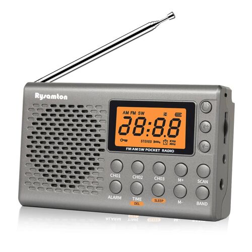 Rysamton Radio portable AM/FM à ondes courtes grand affichage numérique avec minuterie de sommeil et fonction réveil, radios à piles Grey