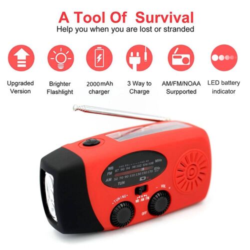 Radio solaire d'urgence AM/FM avec lampe de poche LED, manivelle 62, batterie externe 2000mAh, chargeur de téléphone, haut-parleur Bluetooth 5.0 Red 2000mA