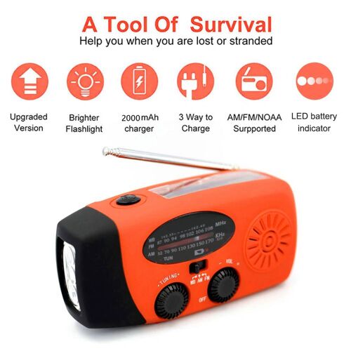 Radio solaire d'urgence AM/FM avec lampe de poche LED, manivelle 62, batterie externe 2000mAh, chargeur de téléphone, haut-parleur Bluetooth 5.0 Orange 2000mA