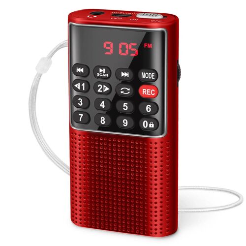PRUNUS J-328 Mini Radio FM de poche Portable MP3 baladeur Radios avec enregistreur batterie Rechargeable pour baladeur aller randonnée Rouge