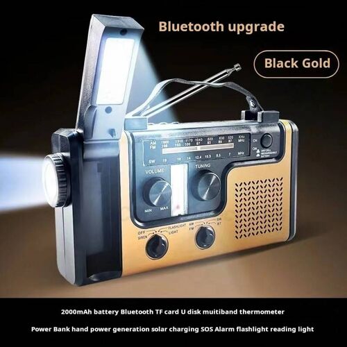Radio solaire en cas de catastrophe, Radio multifonctionnelle d'urgence, manivelle, Rechargeable, éclairage de lecture LED multifonctionnel HT998BT Gold Black