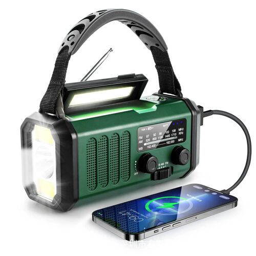 Radio météo d'urgence avec lampe de poche et lampe de lecture, manivelle solaire, AM, FM, NOAA, SOS portable, maison et extérieur, 10000mAh green