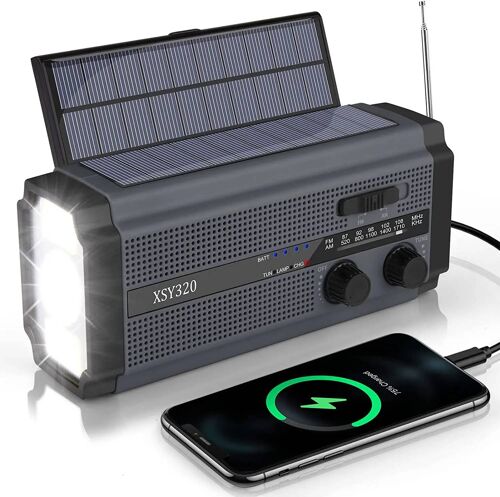 Woopker 5000mAh FM Radio XSY-320 Radio d'urgence Portable manivelle radio solaire AM/NOAA Portable LED SOS alarme batterie externe 5000mAh Grey