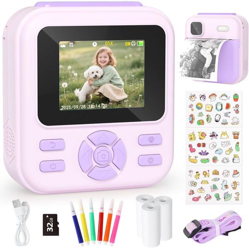 YOHOOLYO Appareil Photo Instantané Enfant 2,4" Mode Vidéo et Selfie 1080P avec Carte 32 Go, Papier d'impression, Jouets Numériques, 6 Stylos Colorés Cadeau pour Garçons Filles de 3-12 Ans Violet