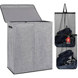 Panier à Linge 150L Double Pliable avec Couvercle Sacs Amovibles Gris