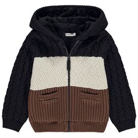 Gilet En Tricot Fantaisie Effet Colorblock + Capuche Pour Garçon - Bleu