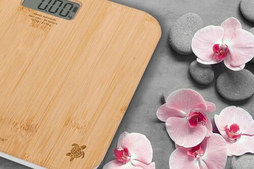 KALANKA-8855 Kinetic Auto Bambou, Pèse-personne numérique, Sans pile, Avec dynamo, Ecologique, Ecran LCD, 150 kg/50g, Bambou véritable