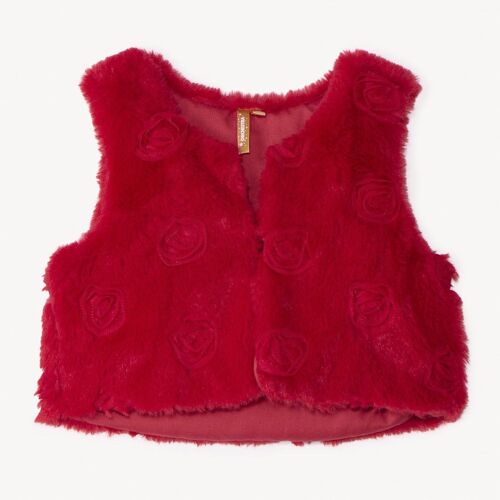 Gilet Sans Manches Effet Fourrure À Rosaces Pour Bébé Fille - Rouge