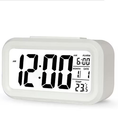 Réveil Digital Réveil Matin, Horloge Numérique Réveil à Pile Silencieux pour Enfants Adultes Grand écran LED Température Calendrier, Reveil de Voyage avec Veilleuse Snooze Fonction Blanc