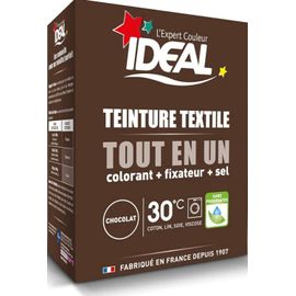 IDEAL - Kit Teinture Tout en Un Mini Chocolat - 230 g - Colorant + Fixateur + Sel Inclus - Teinture Textile Longue Tenue - Coton, Lin, Soie, Viscose - Efficace dès 30°C - Fabrication Française