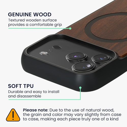 Kalanka-Coque Compatible Avec Apple Iphone 17 Pro Max - Étui Rigide En Bois Et Bords En Tpu - Compatible Avec Magsafe - Protection Brun Foncé-Noir Bois