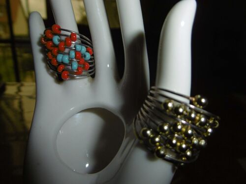 Bague Spirale Métal 8 Cercles 20mm Avec Perles De Rocailles Lot De 2 : 1 Perle Opaques Bleu Clair Et Rouge  Et 1 Perles Argentées Farbel