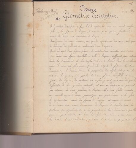 Cours De Géométrie Descriptive De 1890 (Manuscrit)