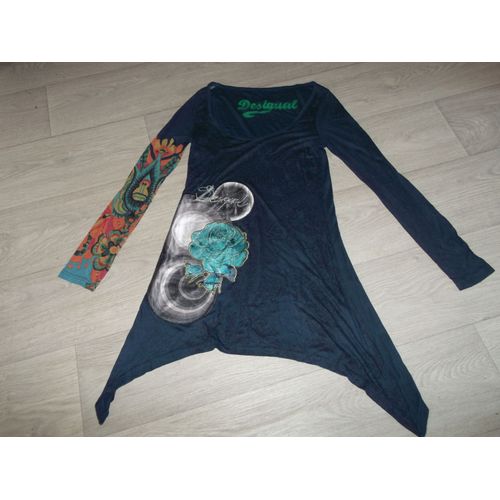 Tunique Desigual Bleu Foncé Et Multicolore, Broderies Taille S Tbe