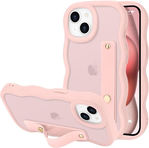 KALANKA-Coque pour iPhone 15 Translucide Ondulée en TPU Silicone, Étui Housse Slim Antichoc Cadre Vague Bouclée avec Bracelet, Coque de Protection Ultra Fine pour iPhone 15,Rose