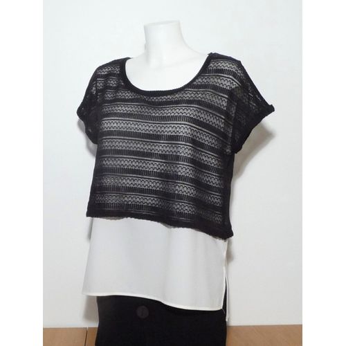 Double Top/ Tunique/ Tee Shirt Ecru Avec Son Top Court Noir Ajouré- Camaieu