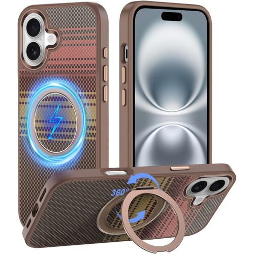 KALANKA-Coque pour iPhone 16 Magnétique Compatible avec MagSafe [360° Anneau Support] Fibre de Carbone Texturé Durable et Antidérapant Dur PC Étui Anti Rayure TPU Bumper Antichoc, Or