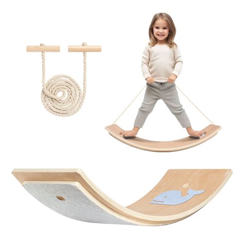 Leogreen Planche D'Équilibre Pour Enfants 80 X 30 Cm, Planche Equilibre Montessori Avec Protection Des Doigts, Bois Balance Board, Feutre/Antidérapant/Avec Corde