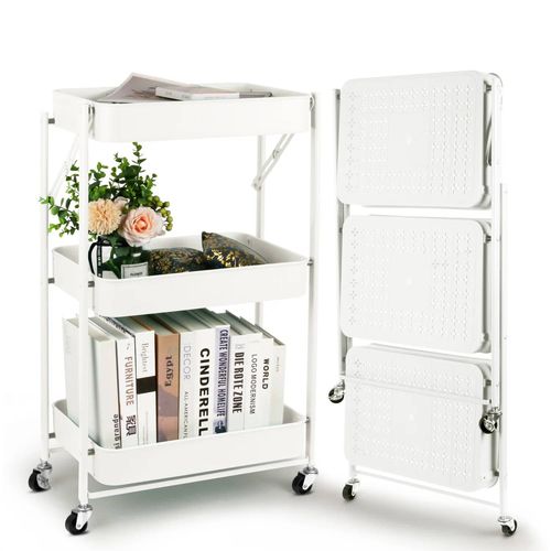 Todeco Desserte A Roulettes Pliante, Chariot Mobile A 3 Niveaux, Chariot De Cuisine, Pas D'assemblage, 46 X 29 X 78 Cm, Pour Cuisine, Bureau, Salle De Bain, Vestiaire (Blanc)