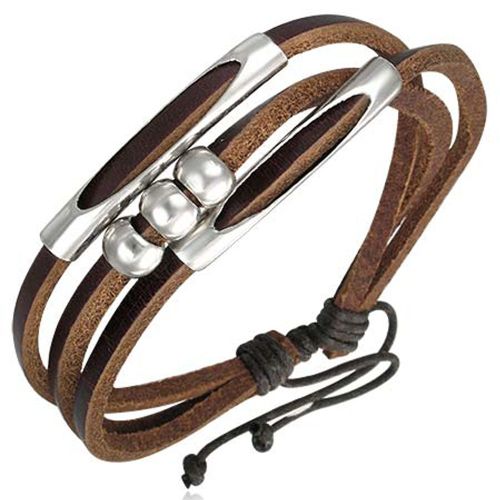 Zense - Bracelet Homme Ajustable Cuir Marron Boules Cylindres Acier Zb0092