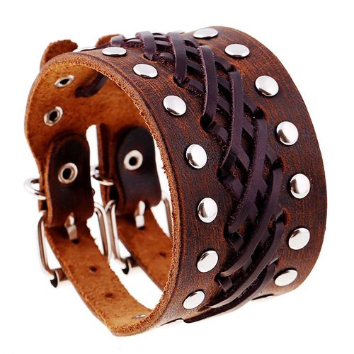 Zense - Bracelet De Force Homme Biker En Cuir Ajustable Marron Zb0325
