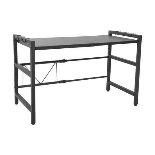 Todeco Support De Four À Micro-Ondes Extensible, Etagere Rangement Cuisine Four À Micro Ondes, Multifonction Meuble De Rangement En Métal, Avec 6 Crochets Charge 25 Kg,(36-60) X36 X44 Cm, Noir