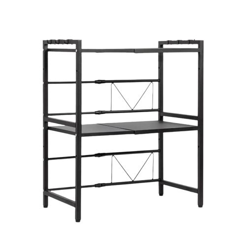 Todeco Support De Four À Micro-Ondes Extensible, Etagere Rangement Cuisine Four À Micro Ondes, En Métal, Avec 6 Crochets, 39-60x32x78cm, 3-Tier Noir