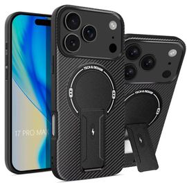 Coque Pour Iphone 17 Pro Max, Silicone Fibre De Carbone Avec Cercle Magnétique Et Support - Noir - E.F.Connection